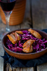 red cabbage and duck breast spicy  salad