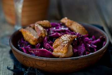 red cabbage and duck breast spicy  salad