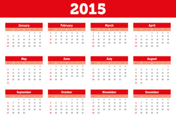 Simple 2015 Calendar - week starts with sunday