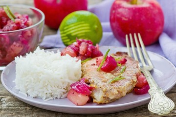 fried sea perch with apple chutney