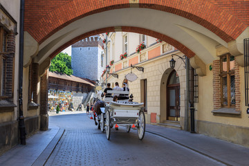Fototapeta premium Horse-drawn carriage on the Pijarska streetin Krakow, Poland