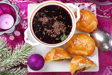 red borscht and pastries with mushrooms for christmas