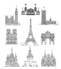 Famous buildings of London, Paris and Moscow, sketch collection