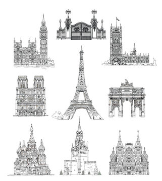 Famous buildings of London, Paris and Moscow, sketch collection
