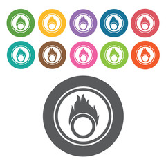 Fire icon. Danger icon set. Round colourful 12 buttons. Vector i