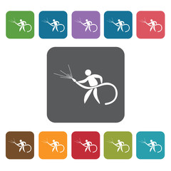 Person holding firehose icon. Fire fighting sign symbol icon set