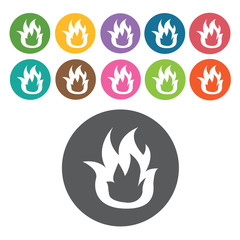 Fire icon. Industy icons set. Round colourful 12 buttons. Vector