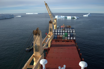cargo container ship in the sea of Antarctica