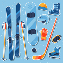 Fototapeta premium Winter sports equipment sticker icons set in flat design style.