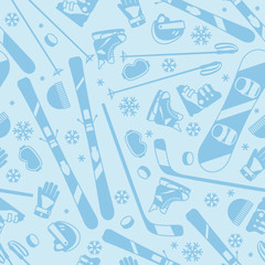 Naklejka premium Winter sports seamless pattern with equipment flat icons.