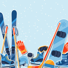 Naklejka premium Winter sports background with equipment sticker flat icons.