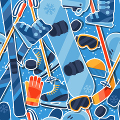 Naklejka premium Winter sports seamless pattern with equipment sticker icons.