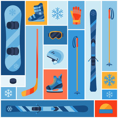 Fototapeta premium Winter sports background with equipment flat icons.
