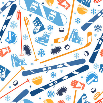 Winter Sports Seamless Pattern With Equipment Flat Icons.