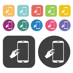 Hand pinching mobile phone sign icon. Round and rectangle colour