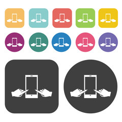 Hands pointing on mobile phone sign icon. Round and rectangle co