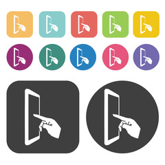 Hand pointing on tablet side view sign icon. Round and rectangle