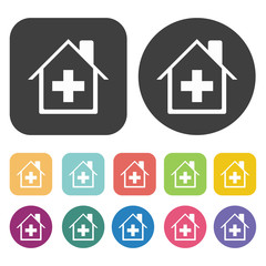 House with cross icon. Hospital nurse icons set. Round and recta