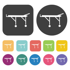 Gurney icon. Hospital nurse icons set. Round and rectangle colou