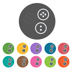 Three dark buttons icon. Sewing equiptment icons set. Round colo