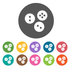 Three white buttons icon. Sewing equiptment icons set. Round col