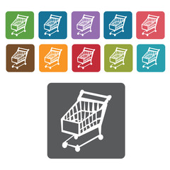 Narrow shopping cart facing shopping cart icon. Rectangle colour