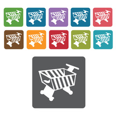 Left facing shopping cart icon. Rectangle colourful 12 buttons.