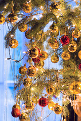 Variety of Christmas tree ornaments hanging on a Christmas tree.