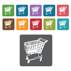 Left facing shopping cart icon. Rectangle colourful 12 buttons.