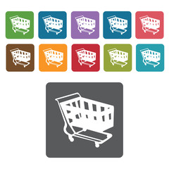 Right facing long shopping cart icon. Rectangle colourful 12 but