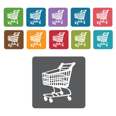 Left facing shopping cart icon. Rectangle colourful 12 buttons.