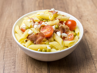 Italian Pasta Salad With Mozzarella, Bacon And Tomatoes
