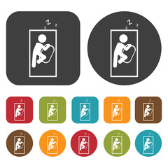 Man sleeping on a bed hugging a pillow sign icon. Sleep Sign sym