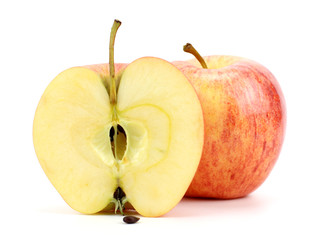 Red apple and slice on a white background.