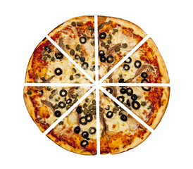 Pizza cut in eight pieces - pie chart divided in eight isolated on white background