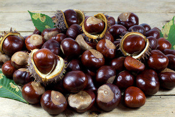 Obraz premium Chestnuts from an Autumn Harvest on an Old Rustic Wooden Table