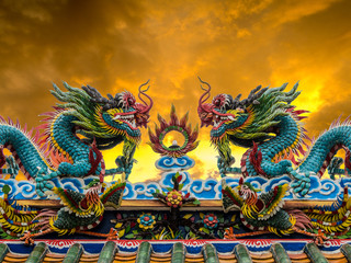 Twin dragon on top roof chinese temle