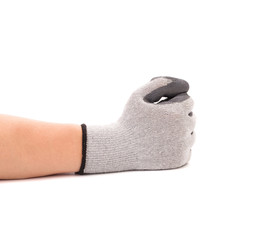 Strong male worker hand glove clenching fist.