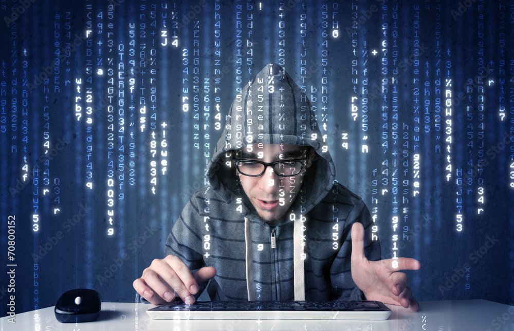 Poster Hacker decoding information from futuristic network technology