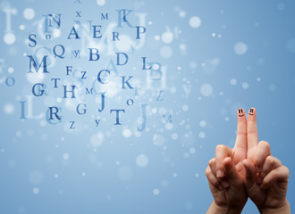Happy smiley fingers looking at mixture of bokeh letters