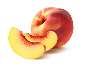 Fototapeta na wymiar Peach and two quarter slices isolated on white background