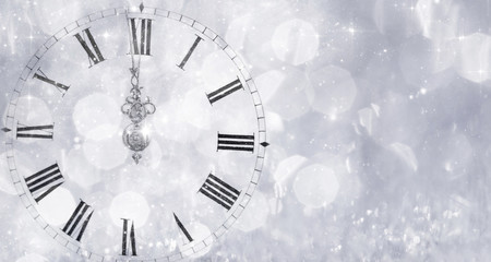 New Year's at midnight - Old clock and holiday lights - obrazy, fototapety, plakaty