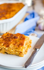 piece of meat lasagna with mushrooms, Italian cuisine