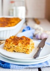 piece of meat lasagna with mushrooms, Italian cuisine