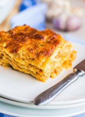 piece of meat lasagna with mushrooms, Italian cuisine