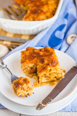 processes food meat lasagna on a white bowl, .Italian food