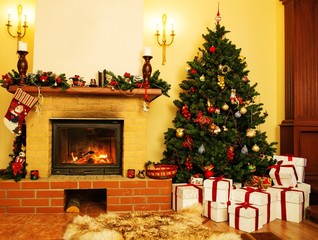Christmas decorated house interior with fireplace
