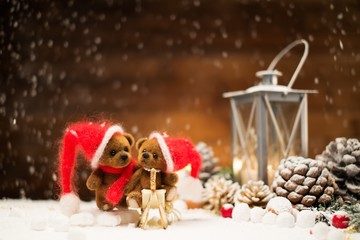 Small toy bears in christmas still life