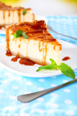 Cheese cake  in plate on tablecloth on nature background