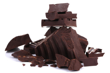 Cracked chocolate bar isolated on white